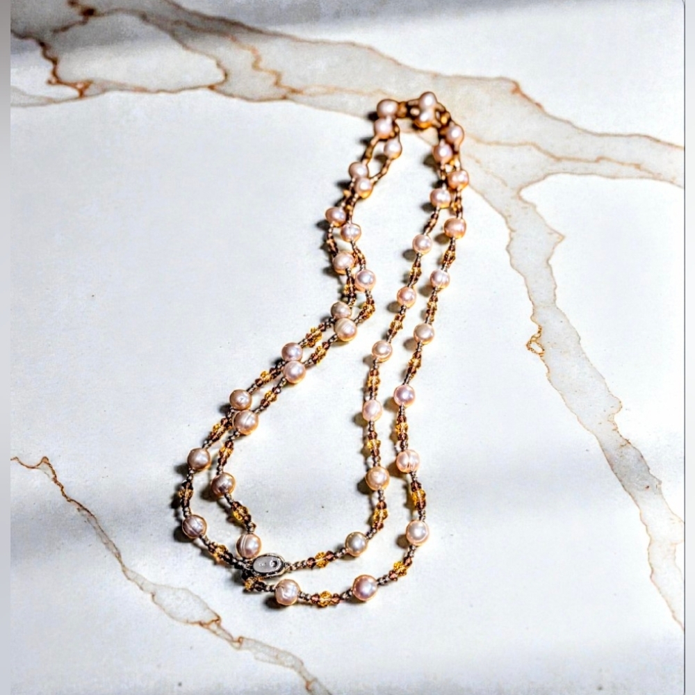 Tan Pearl and Glass Beaded Necklace Long Layered